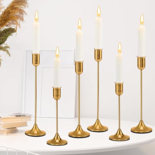 6 Pcs Brass Gold Candle Holders Set, Candelabra Tall Candle Stand, Metal Taper Candlestick Holders for Dining, Table Centerpieces & Vintage Home Decor– Housewarming Gift, Mantel Decor - color: Gold 6 Pieces