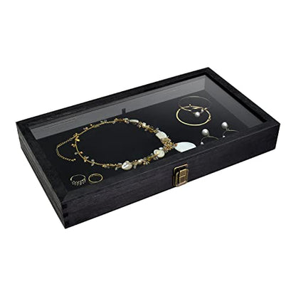 MOOCA 2 Pcs Wooden Jewelry Display Case, Pocket Knife Display Case with Tempered Glass Top Lid and Removable Black Luxurious MDF Velvet Jewelry Pad, Black Color - color: 9E) Black, 2 pieces