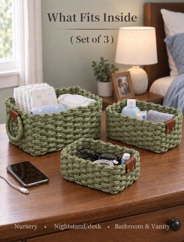 Small Wicker Baskets, 3 PCS Paper Rope Baskets for Shelves, Green - color: Green