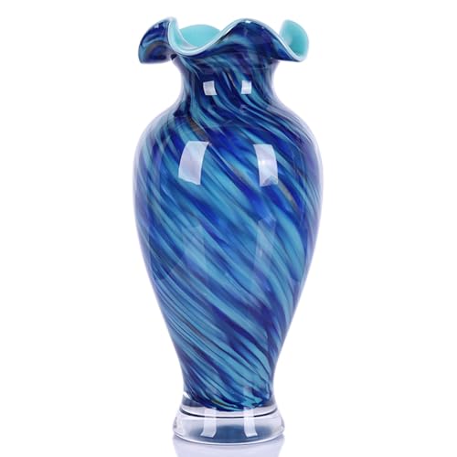 12" Tall Hand Blown Glass Vase – Pretty Ruffle Wide Mouth Decorative Flower Vase, for Modern Home Decor, Ideal Centerpiece for Living Rooms, Wedding & Home Decor - color: Blue, size: Small