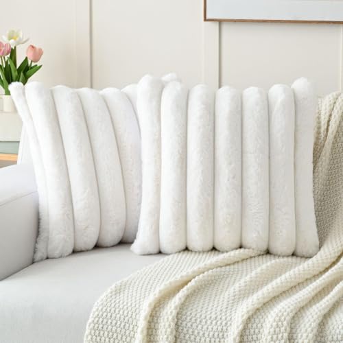 FUTEI Pack of 2 Faux Rabbit Fur Throw Pillow Covers 16x16 Inch, Cream White - color: Cream White, size: 16" x 16" (Pack of 2)