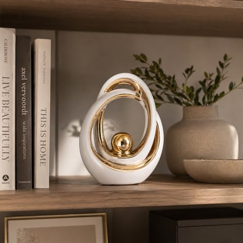 White and Gold Ceramic Abstract Sculpture for Home Decor, Modern Loop Art Tabletop Decorative Object for Entryway Table, TV Stand, Mantel, Coffee Table Centerpiece
