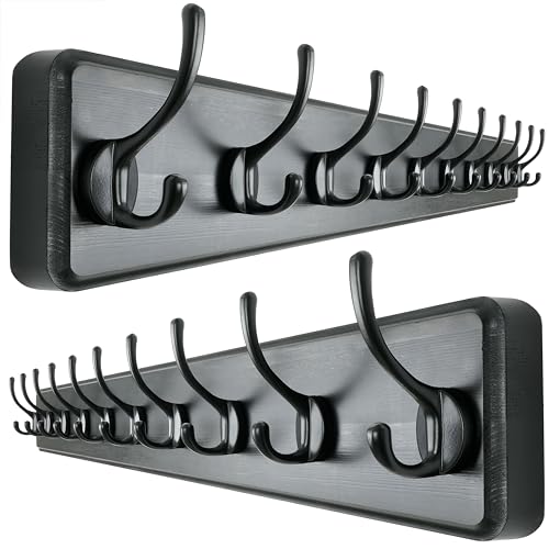 Dseap Wall Mounted Coat Rack: 38-1/4" Long, Patented, Heavy-Duty, 10-Double-Hooks Wooden Hanger Rail for Winter Coats, Hats, Jackets, Clothing - Black, Pack of 2 - color: Black, size: L=38.3"(2pcs)