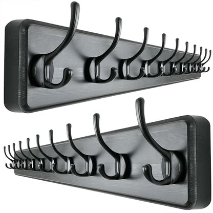Dseap Wall Mounted Coat Rack: 38-1/4" Long, Patented, Heavy-Duty, 10-Double-Hooks Wooden Hanger Rail for Winter Coats, Hats, Jackets, Clothing - Black, Pack of 2 - color: Black, size: L=38.3"(2pcs)