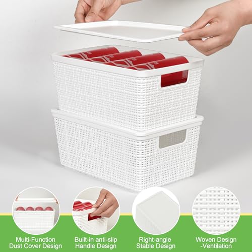 6 Pack Plastic Storage Baskets with Lid,White Stackable Bins - color: White