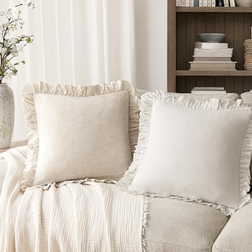 Foindtower Linen Fringe Ruffle Throw Pillow Covers 18×18 Inch Natural Beige - color: Natural Beige, size: 18" x 18" (Pack of 2)