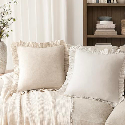 Foindtower Linen Fringe Ruffle Throw Pillow Covers 18×18 Inch Natural Beige - color: Natural Beige, size: 18" x 18" (Pack of 2)