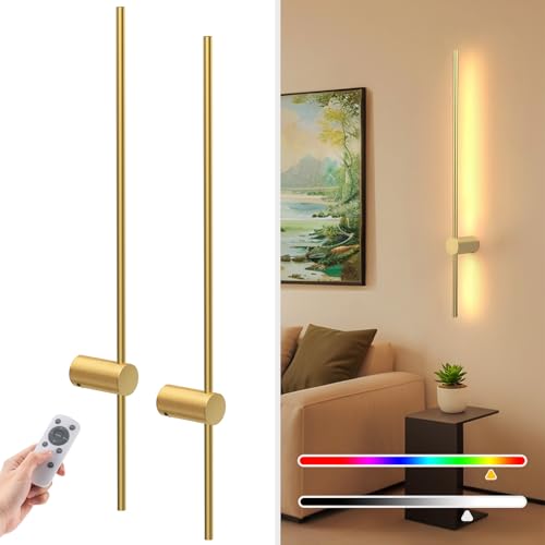 NIORSUN 35.4 Inch Battery Operated Wall Sconce Set of 2,Gold Minimalist Rechargeable LED Wall Lights with Remote, 10 Colors Dimmable Wireless Wall Sconce for Living Room Bedroom Hallway - color: Gold, size: 35.4 Inch