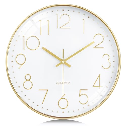 Lafocuse 12 inch Modern Analog White and Gold Wall Clock Battery Operated | Easy to Read 3D Large Numbers, Battery Operated, Silent Non Ticking, Accurate, for Bedroom Kitchen Office Living Room Decor - color: Gold