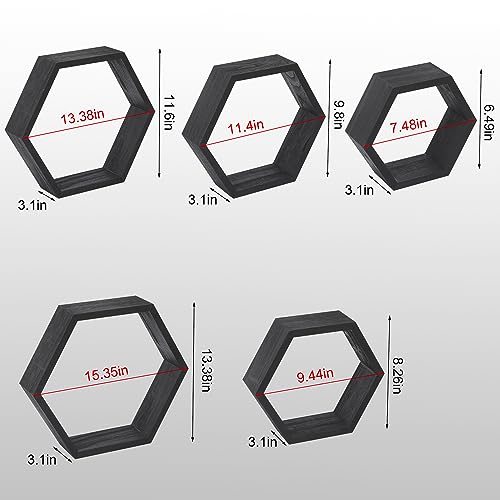 WONFUlity Hexagon Floating Shelves, Hexagonal Shelf Wall Mounted Storage - color: Black, size: 5PC