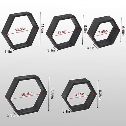 WONFUlity Hexagon Floating Shelves, Hexagonal Shelf Wall Mounted Storage - color: Black, size: 5PC