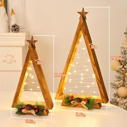2 Pcs Triangle Tabletop Wooden Christmas Tree with Lights, Modern Farmhouse Rustic Christmas Decor, Small Lighted Xmas Tree for Kitchen Mantle Shelf Living Room(14.2" Large / 11" Small)