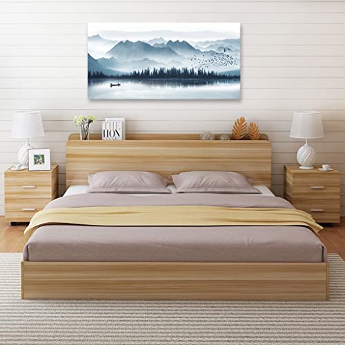 Indigo Mountain Framed Canvas Wall Art Foggy Lake Boat Pictures, 24"x48" - color: Indigo Mountain Lake, size: 48"L x 24"W