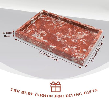 Luxury Red Marble Decorative Tray – 11.8" × 7.9" Natural Solid Stone Vanity Tray for Bathroom, Kitchen, Coffee Table, Jewelry, Makeup, Dresser – Elegant Home Décor & Gift