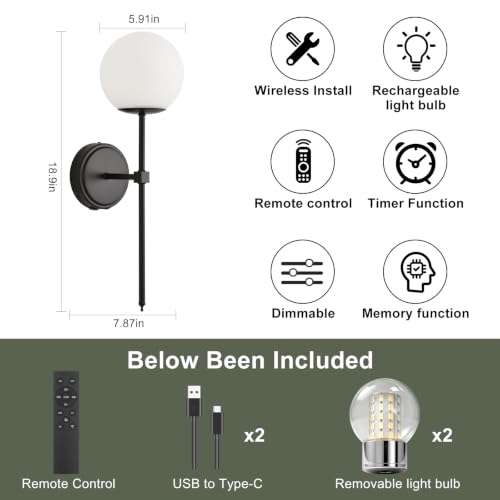 Globe Battery Operated Sconce Set of 2 with Clear Glass Lampshade - color: Black-Frosted White