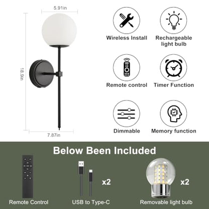 Globe Battery Operated Sconce Set of 2 with Clear Glass Lampshade - color: Black-Frosted White