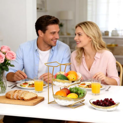 3 Tier Fruit Bowl for Kitchen Counter, Gold Trim Ceramic Fruit Stand Basket for Countertop, Fruit Rack with Thickened Metal Holder, Vegetable Bowl Dessert Nuts Bread Candy Storage (Gold Trim) - color: Gold Trim