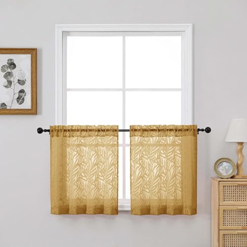OVZME Short Gold Sheer Curtains 24 inch Length 2 Panels Set, Textured Soft Airy Elegant Leaf Jacquard Kitchen Curtains Tier for Bathroom Bedroom Living Room Small Windows, 2x28Wx24L Inches - color: Gold, size: 28"W x 24"L (Pack of 2)