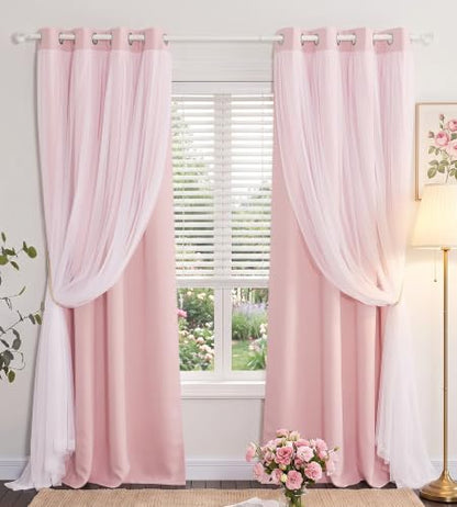 Blush Pink Blackout Curtains with White Sheer Overlay for Girls Bedroom - color: Blush Pink, size: 52"W x 95"L (Pack of 2)