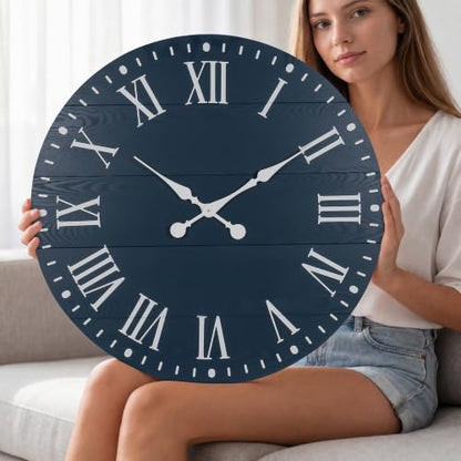 Large Wall Clock with Roman Numeral, 24” Shiplap Farmhouse Clock - color: Blue, size: 24 Inch