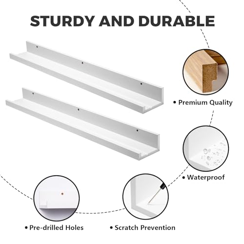Muzilife 35.4" Large Floating Shelves Wood Wall Shelf with Lip, 2Pcs, White - color: White, size: 35.4"
