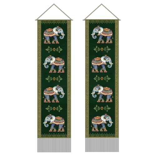 AHANDMAKER 2Pcs Indian Elephant Totem Tapestry, Traditional African Elephant Wall Hanging Tapestries, Indian Pattern Long Tapestry with Tassels for Living Room Home Office Decoration, 45.7x13 Inch - color: Mixed Color Elephant