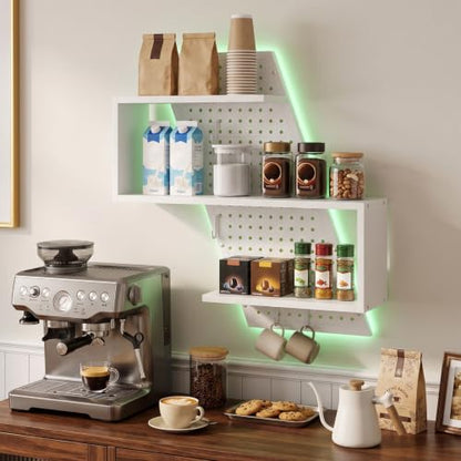 S-Shaped Gaming Floating Shelf with LED Light Strip, 3 Tier Wall Floating Shelf with Pegboard & 4 Removable Hooks, for Bedroom, Game Room, Living Room, Study, White - color: White