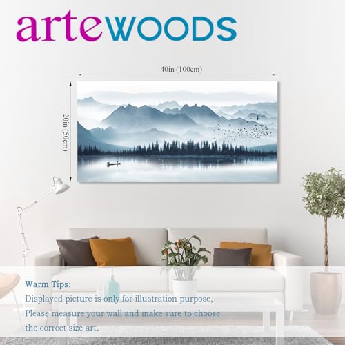 Misty Mountain Canvas Wall Art Indigo Foggy Lake Boat Prints, 20"x40" - color: Indigo Mountain Lake, size: 40"L x 20"W