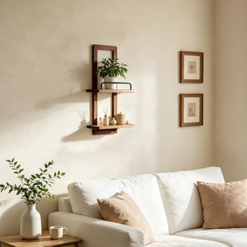 Solid Pine Wood Floating Shelves, Rustic Wall Shelf with Aluminum Anti-Fall Guardrail, Rustic Boho Wall Decor for Living Room, Bathroom, Bedroom Heavy Duty Shelf 20 lbs 2 Tier 16.1" H x 7.9" W - color: Brown