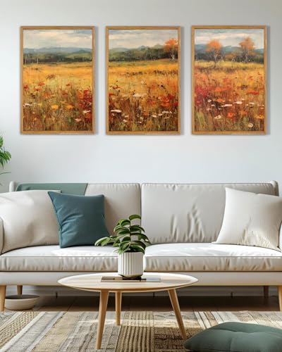 UPWOIGH Autumn Meadow Framed Wall Art Set of 3, 16 x 24 Inch - color: Gold Autumn, size: 24"L x 16"W