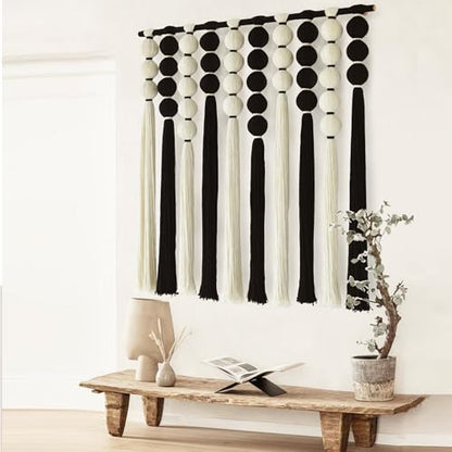 Macrame Wall Hanging Black White Sphericity Fiber Yarn Art 39"W*39"L - color: Black and White