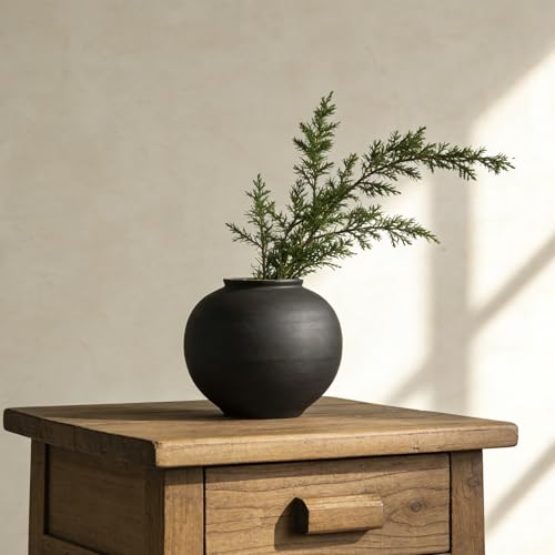 Black Round Vase, 6.1" Matte Black Ceramic Vase, Small Pottery Vase for Fresh Flowers, Rustic Farmhouse Table Vases for Living Room Shelf Entryway Home Decor - color: Black and Brown, size: 6.1in