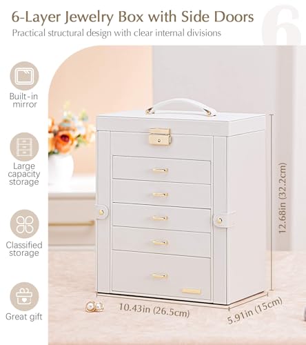 Homde Jewelry Box Large for Women: 6 Layers Organizer with 5 Drawers - color: White