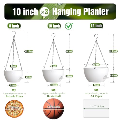 10 Inch Self-Watering Hanging Planters Set of 3 with Saucers - color: White, size: 10 Inch 3 Pack
