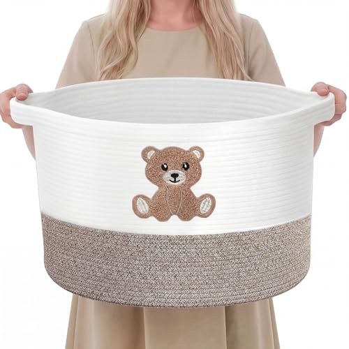 LemonRoad Large Woven Bear Basket, Cotton Rope, Cute Bear, Brown - color: Brown, size: Cotton Rope, style: Cute Bear
