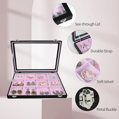 Stratalife 12 Grid Bracelet Jewelry Box, Bangle Holder Organizer with Lid - color: Pink-Black, size: 12 Grid