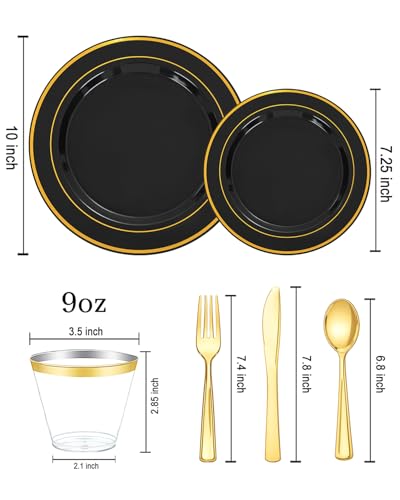 bUCLA 150 Pieces Black and Gold Disposable Dinnerware Set - 25 Guests Black Gold Plastic Plates Include 25 Dinner & 25 Dessert Plates, 25 Spoons, 25 Forks, 25 Knives, 25 Cups for Party & Graduation - color: Black/Gold