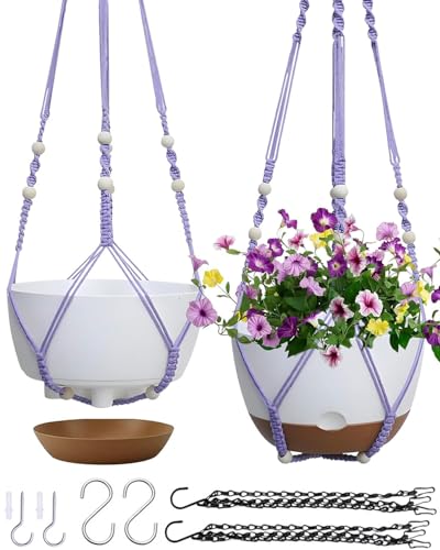 Koalaime 2 Pack Hanging Planters Set,10 Inch Indoor Outdoor Hanging Plant Pot Basket,Hanging Flower Pot with Drainage Hole with 3 Hooks for Garden Home(Purple Hanger White Planters) - color: Purple Hanger White Planters