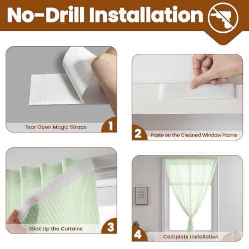 Sage Green Gauze Curtains Sheer Self-Adhesive, Translucent Privacy Panel, Fold-Up Portable Curtain No Drill (44" W x 63" L,Sage Green,2 Panels) - color: Sage Green, size: 44"W x 63"L (Pack of 2)