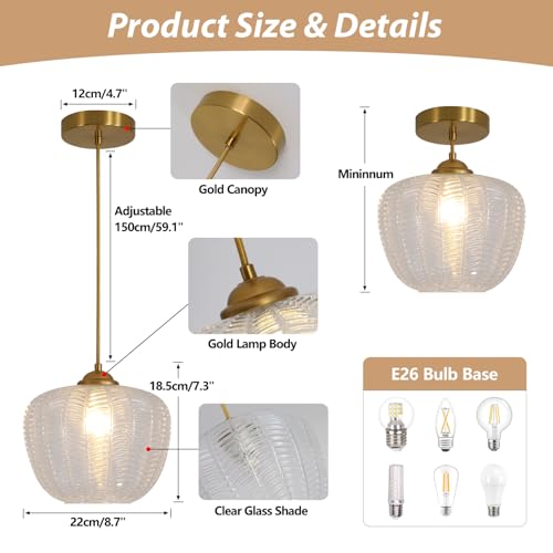 KCO Lighting Clear Glass Pendant Lights Kitchen Island Light Fixture Vintage Ribbed Glass Ceiling Light Antique Brass Pendant Light Gold Globe Pendant Light Fixture - color: Clear