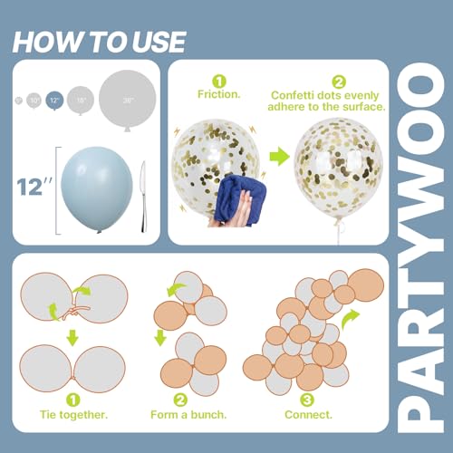PartyWoo Dusty Blue Balloons 66pcs 12 Inch Slate Blue White Gold Balloons - color: Blue-3321