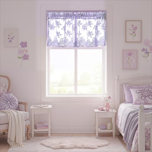 Kotile Light Purple Sheer Lace Valance for Windows W52 x L18 Inch 1 Panel - color: Lavender/Light Purple