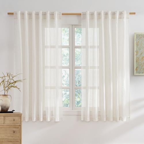 NICETOWN Sheer Linen Curtains 63 Inch Length for Bedroom Living Room 2 Panels,Ivory Rod Pocket & Back Tab Semi Sheer Drapes Privacy Semitransparent Farmhouse Window Treatment, W52 x L63 - color: Linen Ivory, size: 52"W x 63"L (Pack of 2)