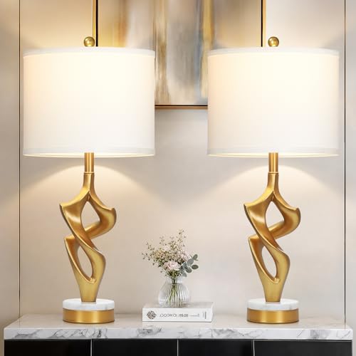 Ruzectt 29" Tall Gold Table Lamps Set of 2 for Living Room, 3 Color Temperatures Bedside Lamps for Bedroom Nightstand, Modern Sculptural Resin Lamp with Marble and Metal Base (2 LED Bulbs Included) - color: White & Gold (2 Pack)