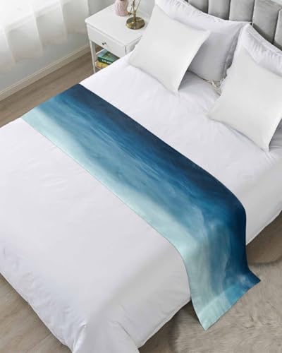 Blue Ombre Bed Runner Scarf King Size, Coastal Beach Modern Abstract Art Luxury Bed Throw Runners & Scarves for Twin Full Queen King Foot of Beds, Bedroom Hotel Wedding Room Decoration, 94"x20" - color: Blue, size: 94x20in,240x50cm