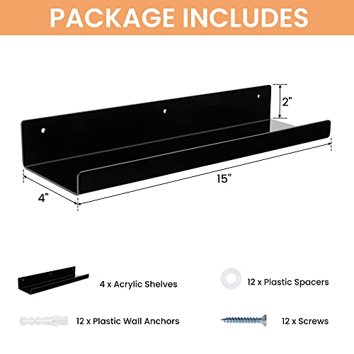 upsimples 4 Pcs 15" Acrylic Shelves for Wall Organize and Display, Black - color: Black