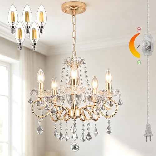 HOXIYA (Bulbs Included) DIMMABLE Plug in Chandelier 5 Light with K9 Crystal - color: Champaign Gold