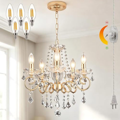 HOXIYA (Bulbs Included) DIMMABLE Plug in Chandelier 5 Light with K9 Crystal - color: Champaign Gold