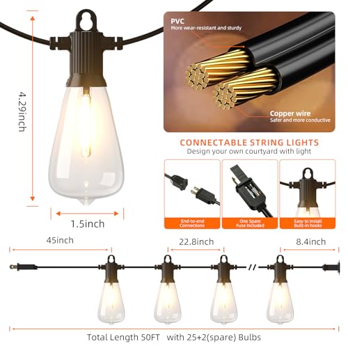 Kawaya ST38 Outdoor String Lights 50FT for Patio Garden Porch Bistro Cafe - size: 50FT