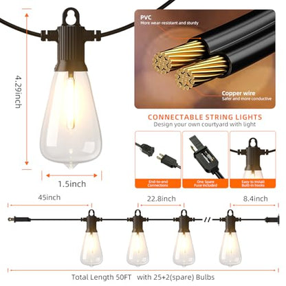 Kawaya ST38 Outdoor String Lights 50FT for Patio Garden Porch Bistro Cafe - size: 50FT